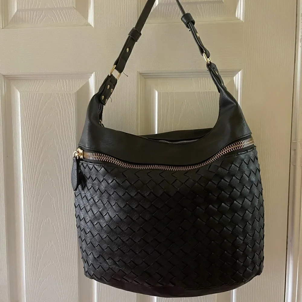 Madison West black faux leather basket weave large hobo bag gold tone hardwares